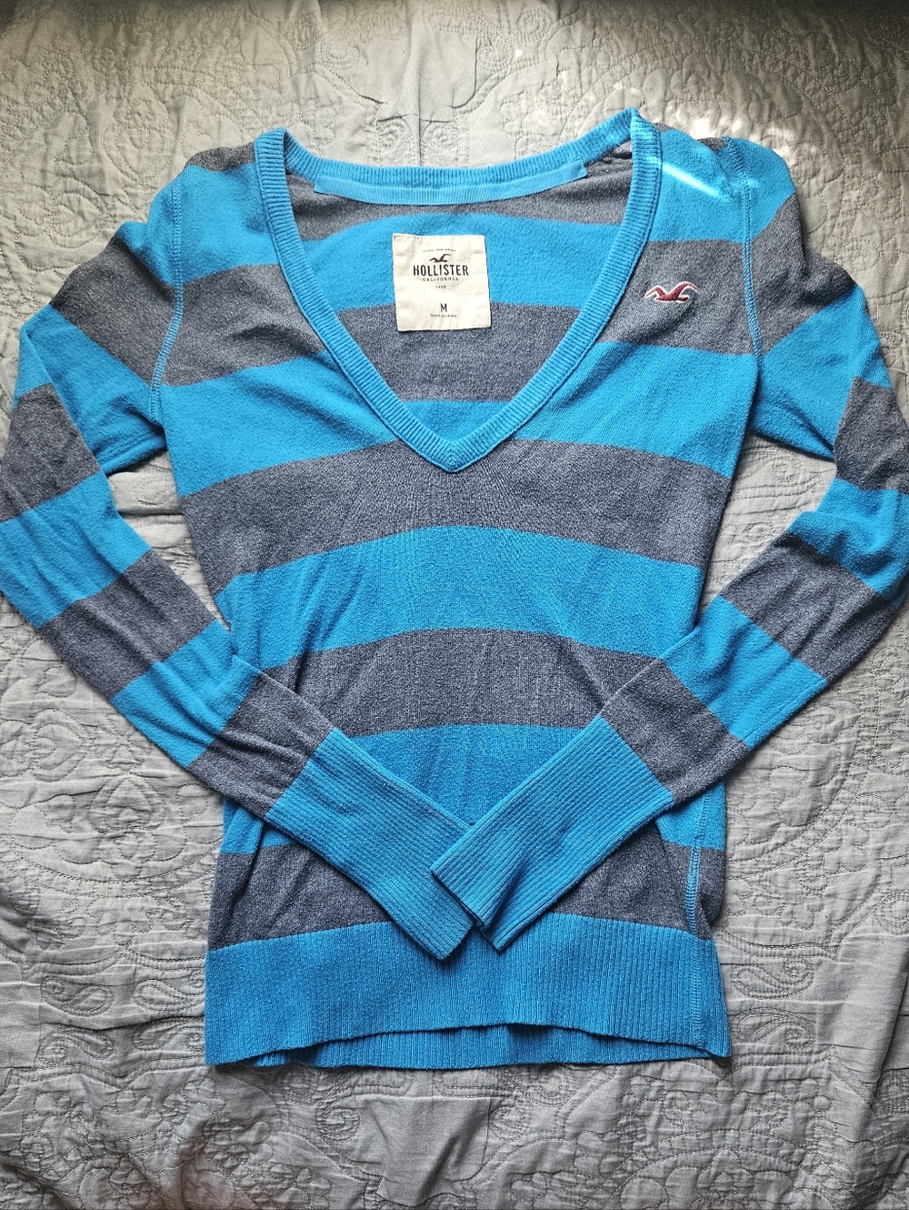 Hollister Turquoise & Gray Striped V-Neck Sweater